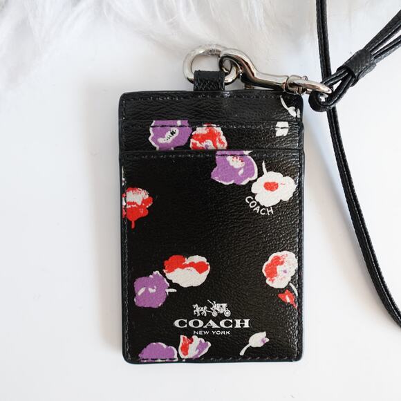 Coach ID Lanyard Card Holder Signature Canvas Black Floral-Print Wildflower - Picture 1 of 8